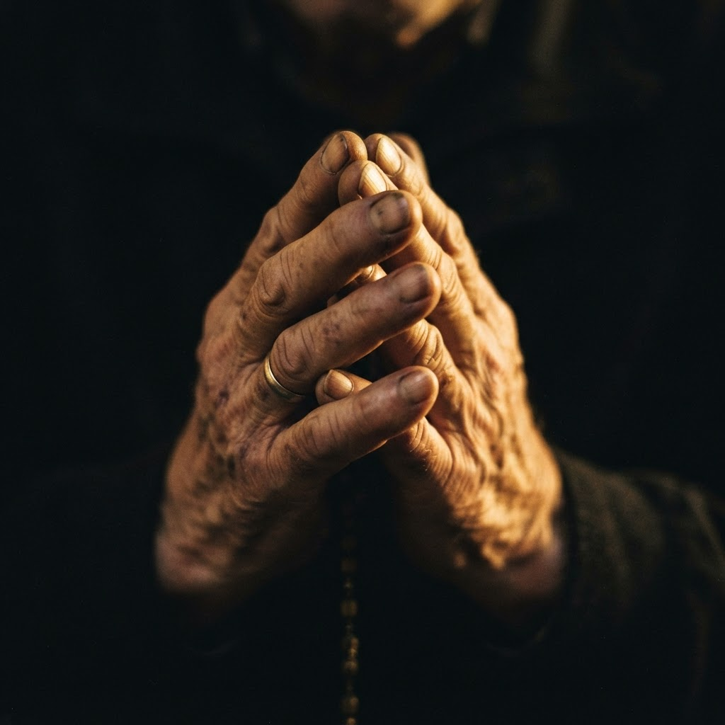 Mãos em oração com luz dourada